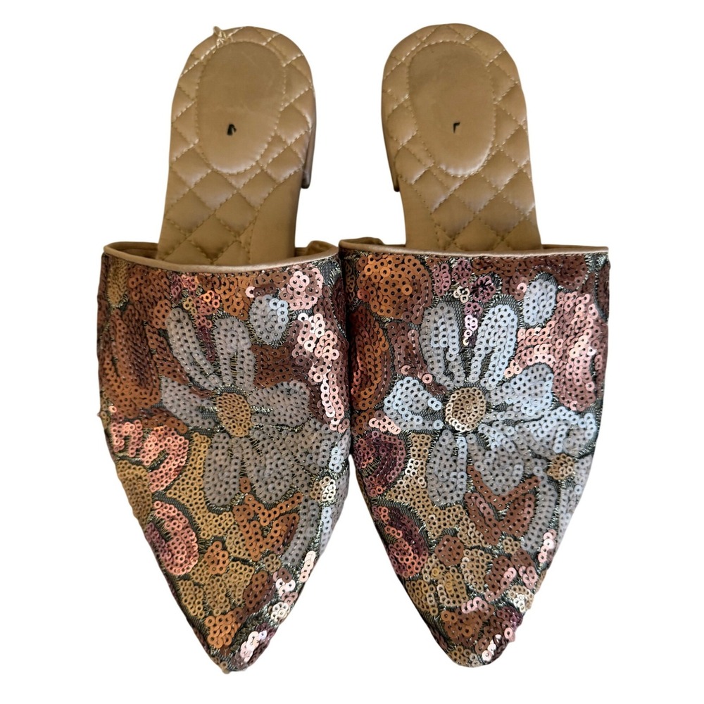 Birdies Sequin Floral Pointed Mules in Rose Gold, Silver, White
